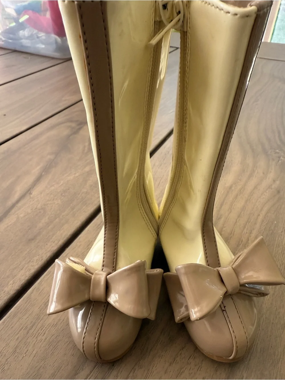 Joyfolie Cream and Beige Bow-Trim Mid-Calf Heeled Boots
